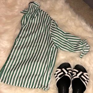 Green and White Pin Strip Button Down